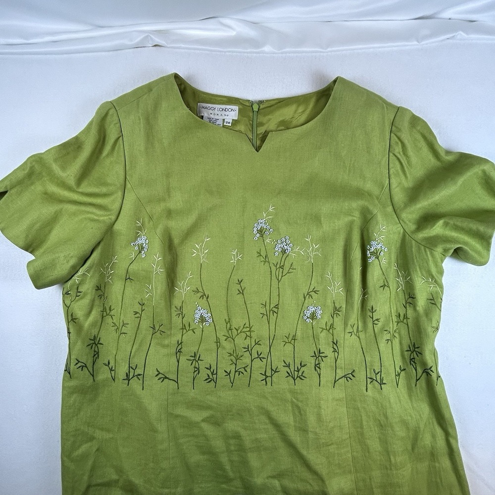 VTG Maggy London Dress Women's 24 Green 100%Linen Embroidered Beads Short Sleeve